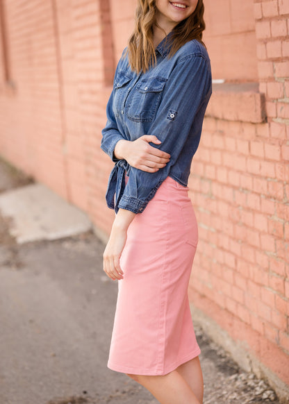 Button Front Tie Washed Denim Top - FINAL SALE Tops