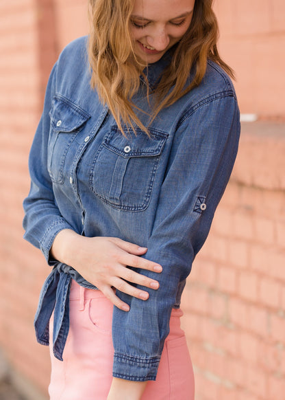 Button Front Tie Washed Denim Top - FINAL SALE Tops