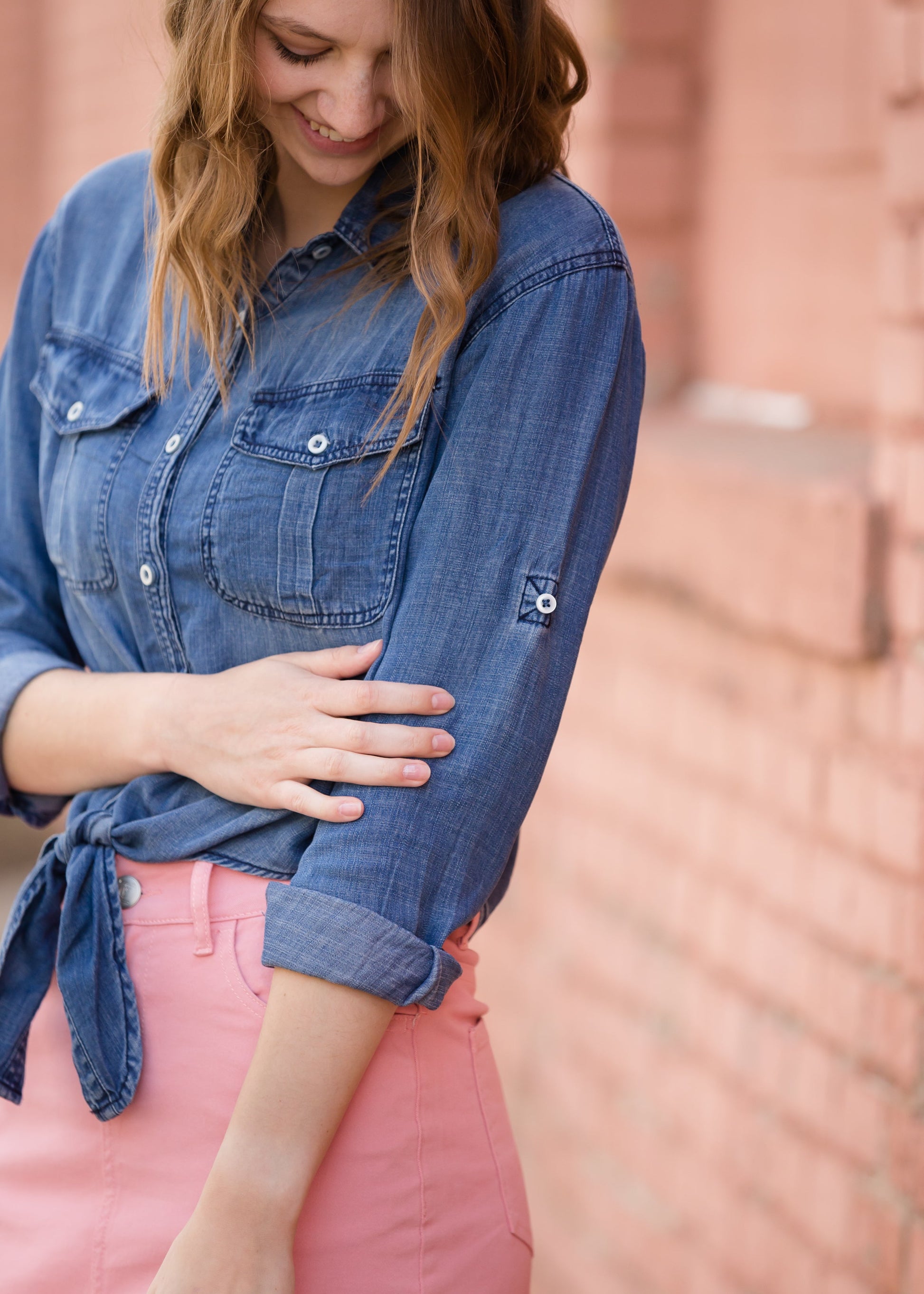 Button Front Tie Washed Denim Top - FINAL SALE Tops