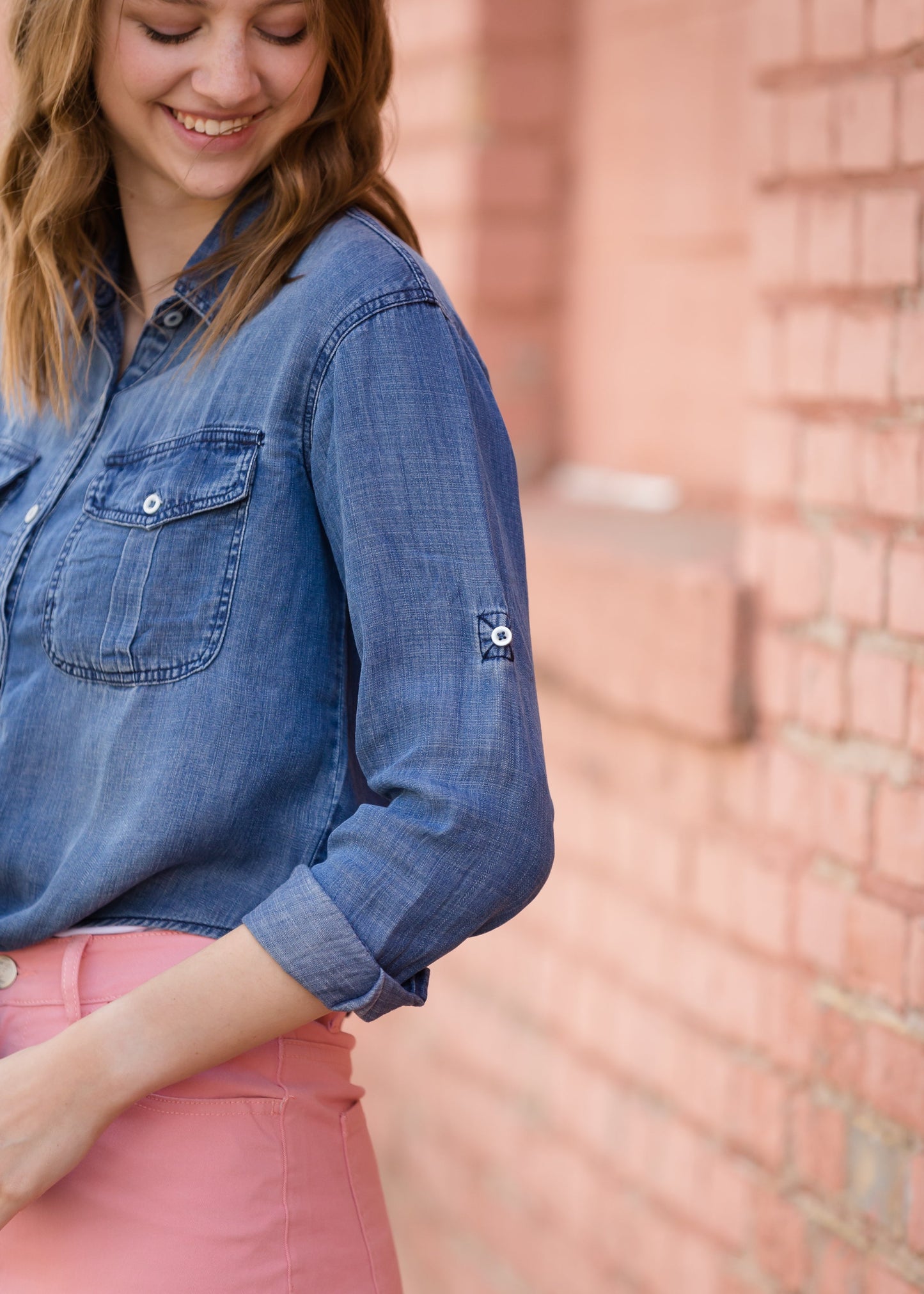 Button Front Tie Washed Denim Top - FINAL SALE Tops