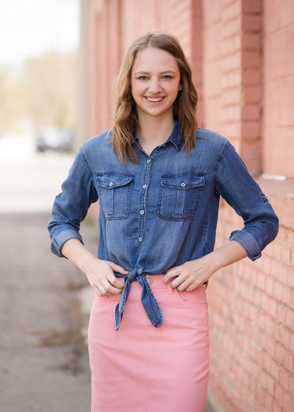 Button Front Tie Washed Denim Top - FINAL SALE Tops