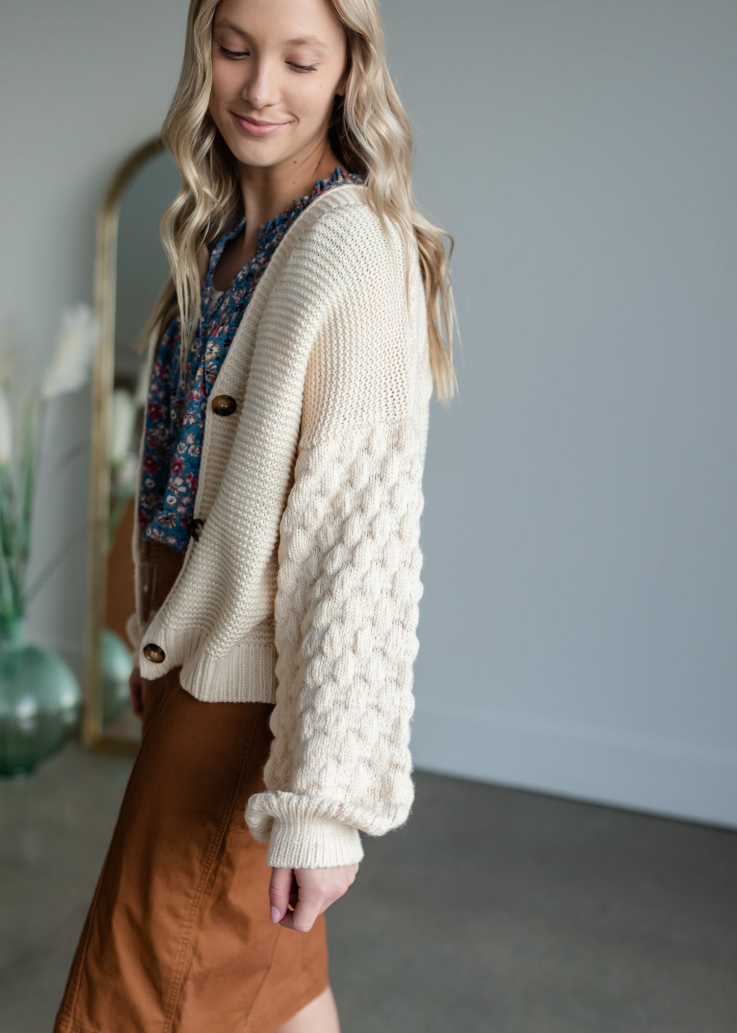 Button Up Balloon Sleeve Cardigan Tops pOLA