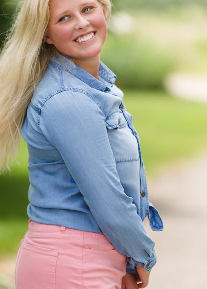 Button Up Denim Chambray Top Tops