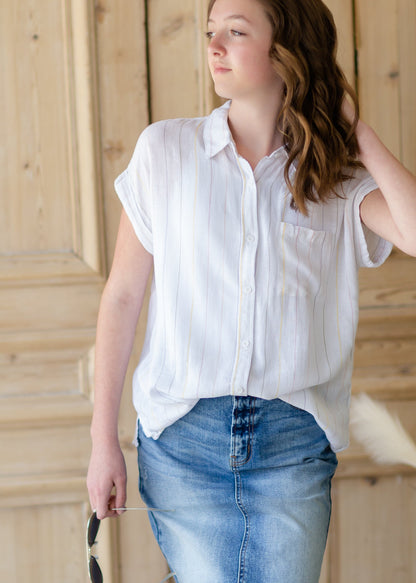 Button Up Muted Rainbow Striped Top - FINAL SALE Tops