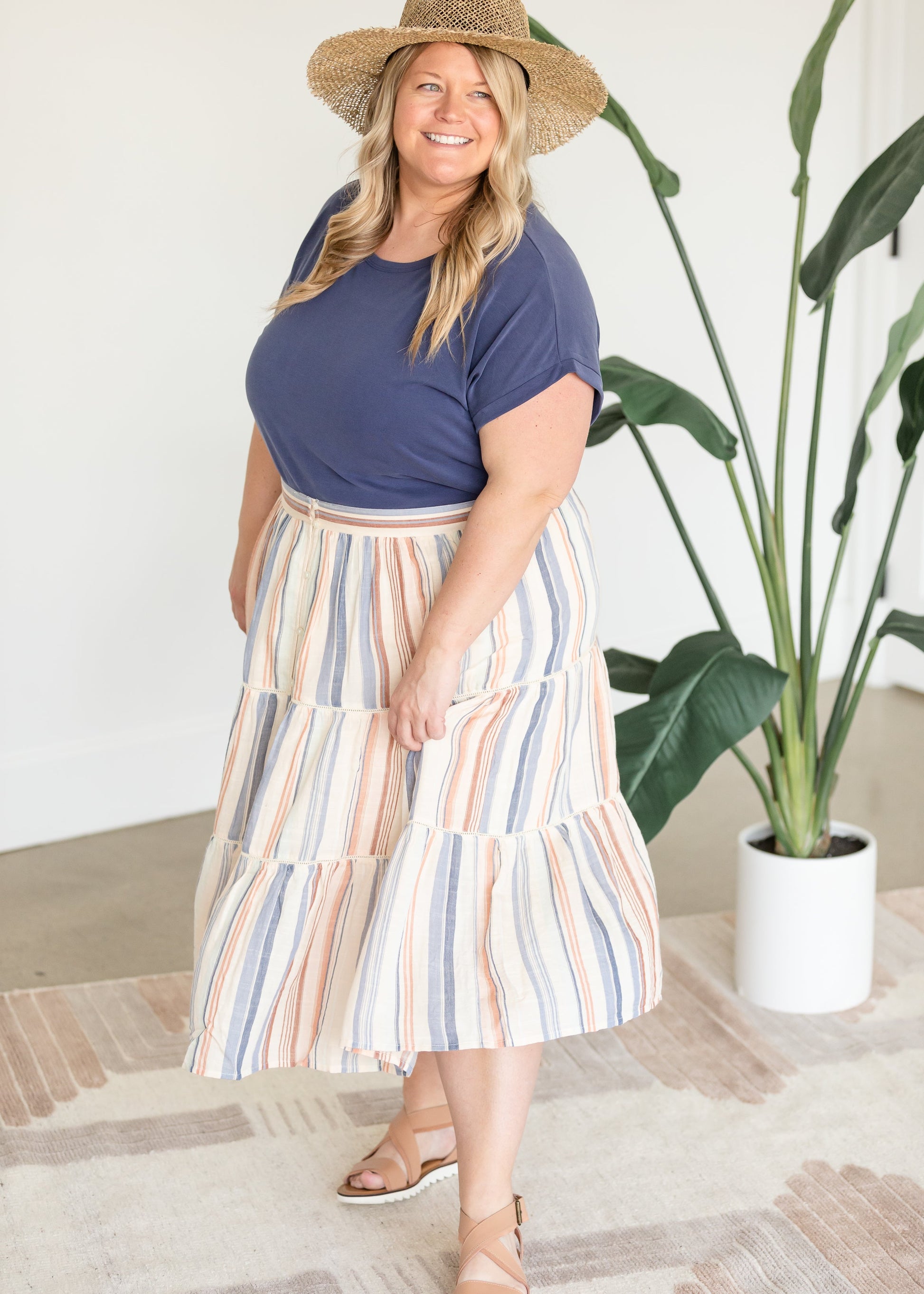 Button Up Tiered Striped Skirt Skirts