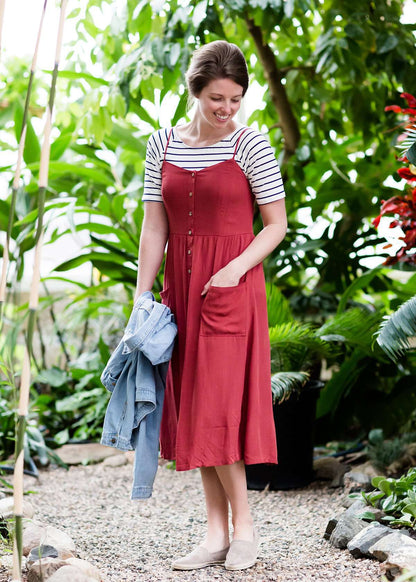 Tank style coral colored faux button midi dress