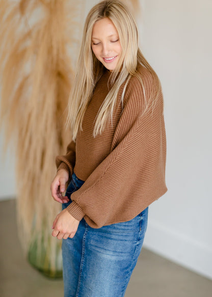 Camel Balloon Sleeve Knit Sweater Tops LUSH