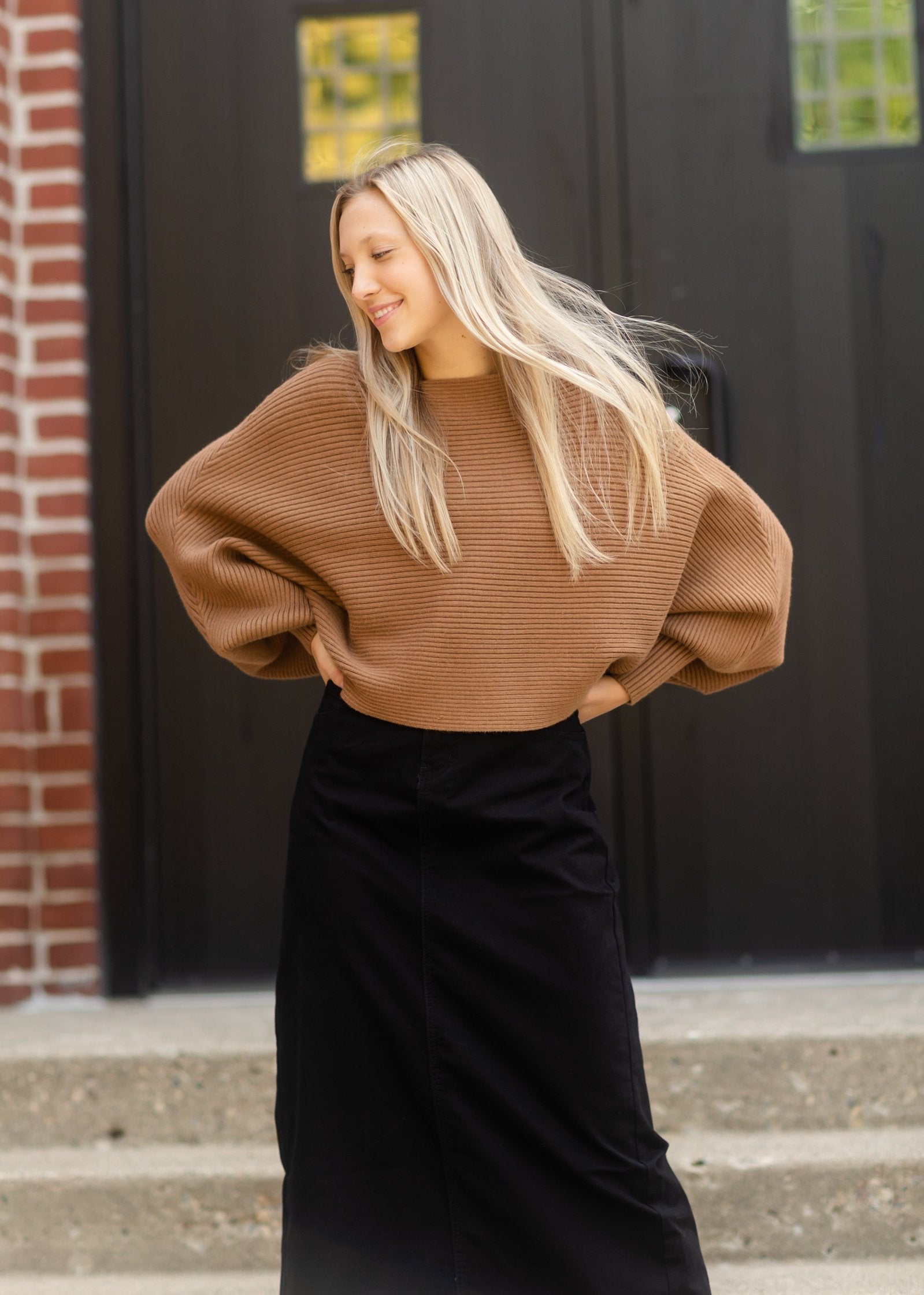 Camel Balloon Sleeve Knit Sweater Tops LUSH