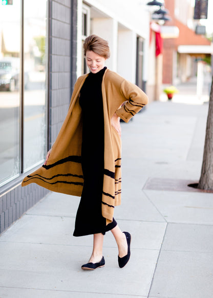 Camel + Black Print Long Cozy Cardigan Tops Mod Ref