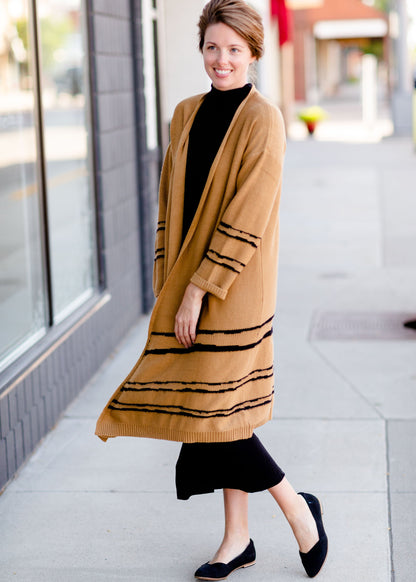 Camel + Black Print Long Cozy Cardigan Tops Mod Ref