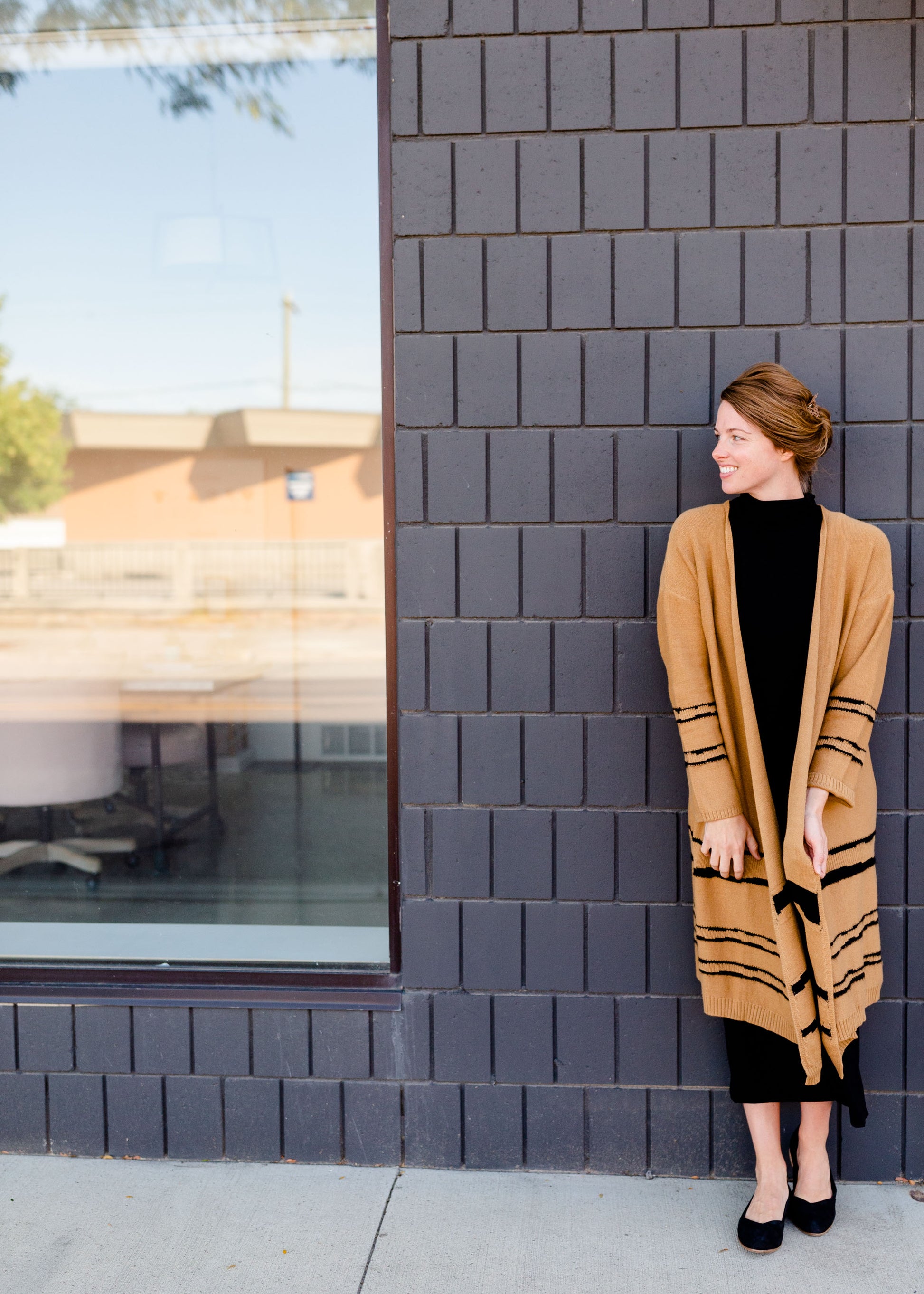 Camel + Black Print Long Cozy Cardigan Tops Mod Ref