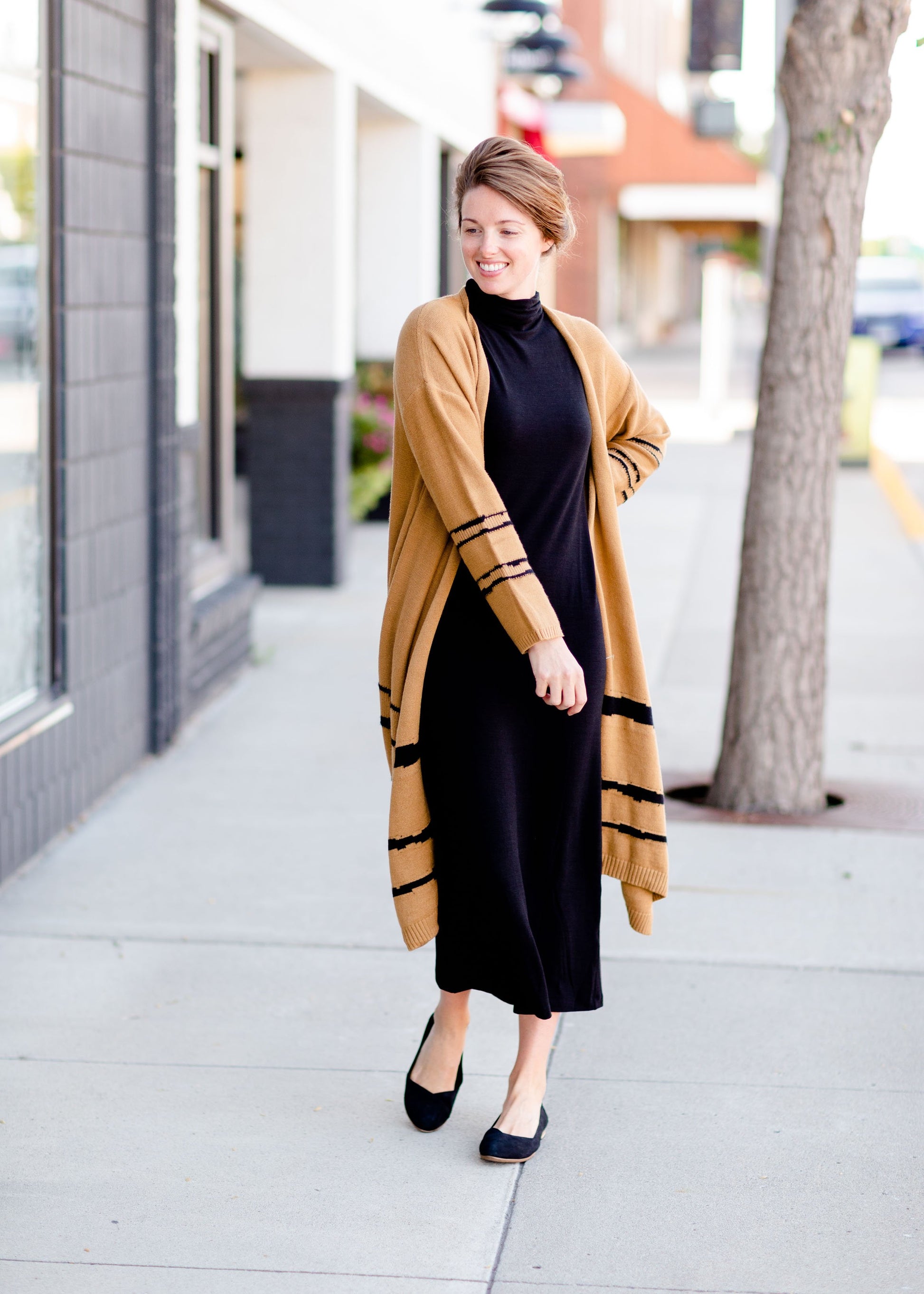 Camel + Black Print Long Cozy Cardigan Tops Mod Ref