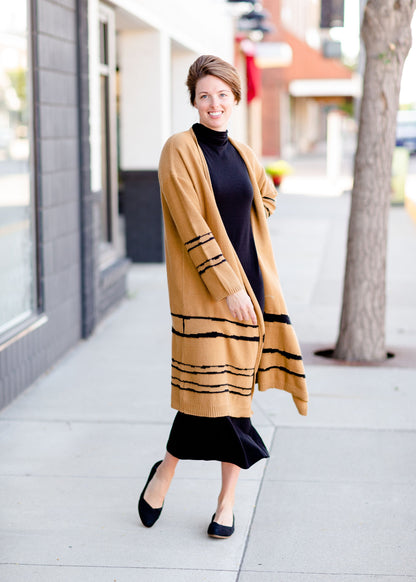 Camel + Black Print Long Cozy Cardigan Tops Mod Ref