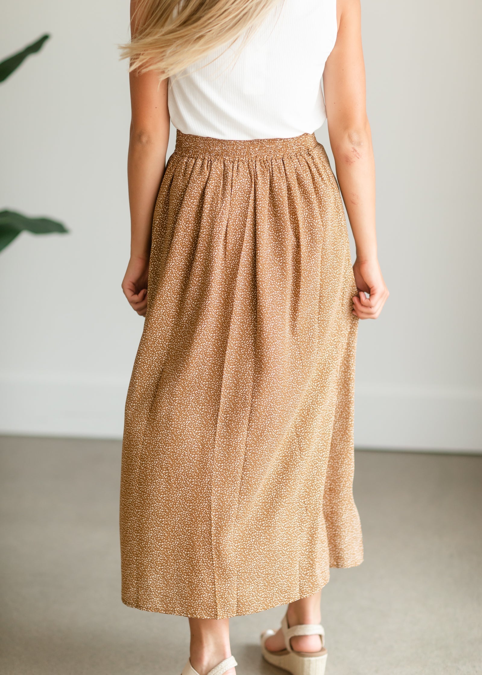 Camel Button Front Patterned Maxi Skirt Skirts