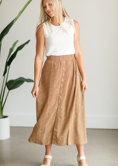 Camel Button Front Patterned Maxi Skirt Skirts