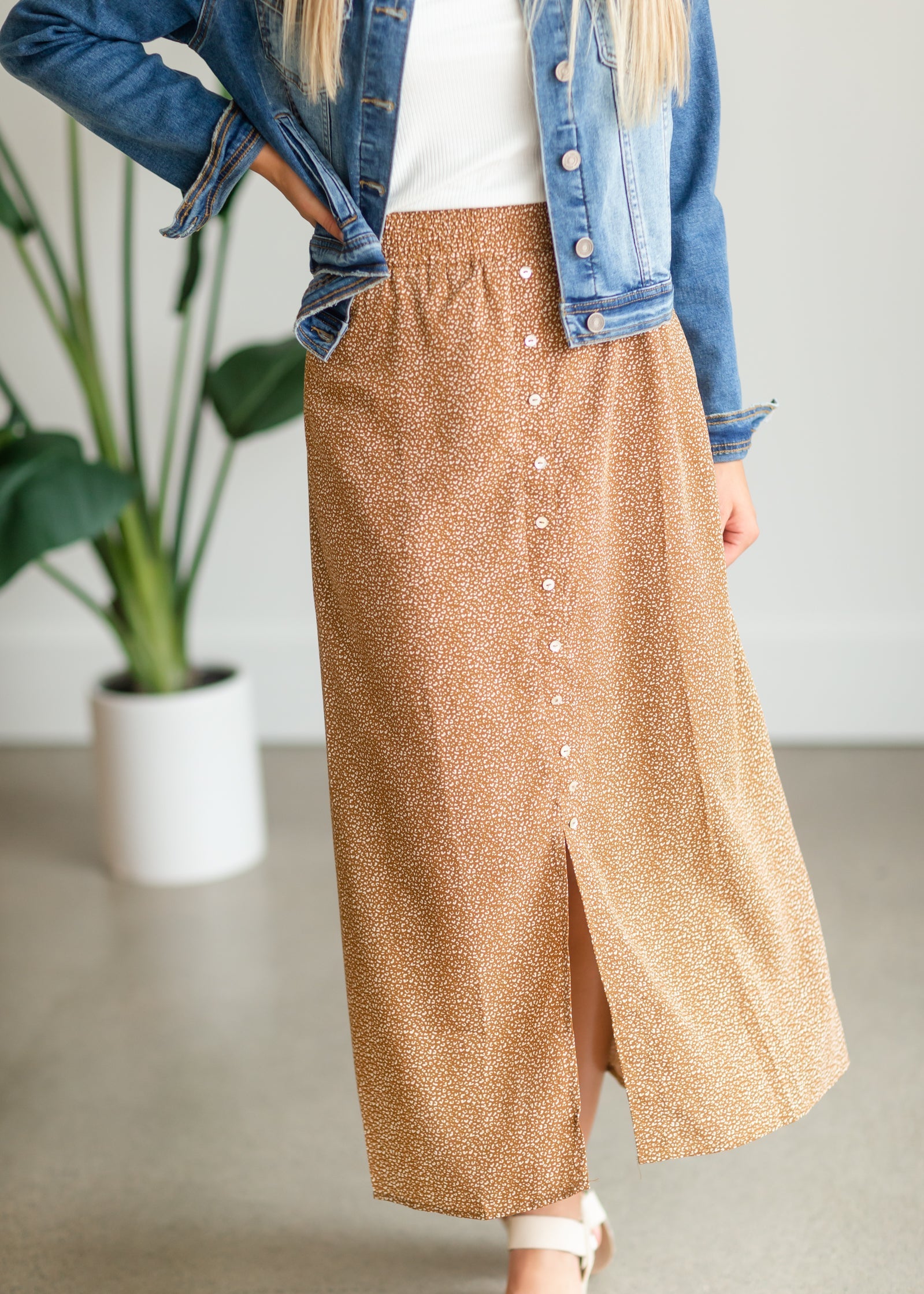 Camel Button Front Patterned Maxi Skirt Skirts