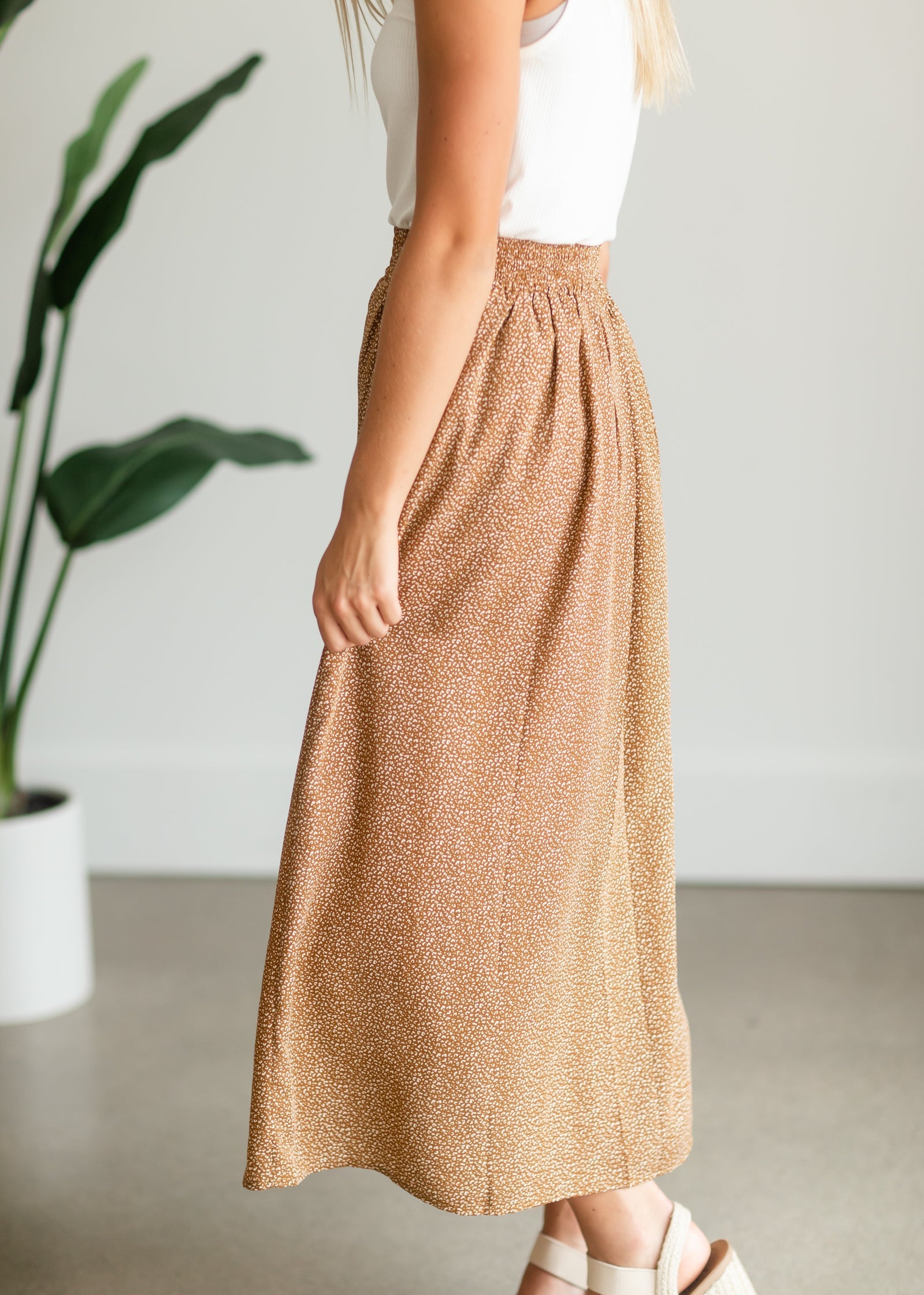 Camel Button Front Patterned Maxi Skirt Skirts