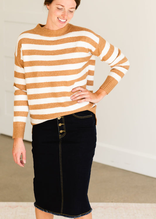 Camel Crew Neck Striped Sweater - FINAL SALE Tops