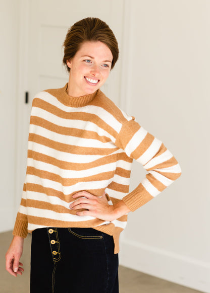 Camel Crew Neck Striped Sweater - FINAL SALE Tops