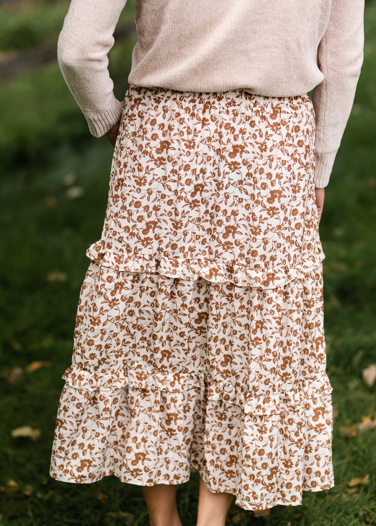 Camel Floral Ruffled Tiered Elastic Waist Midi Skirt Skirts Hayden Los Angeles