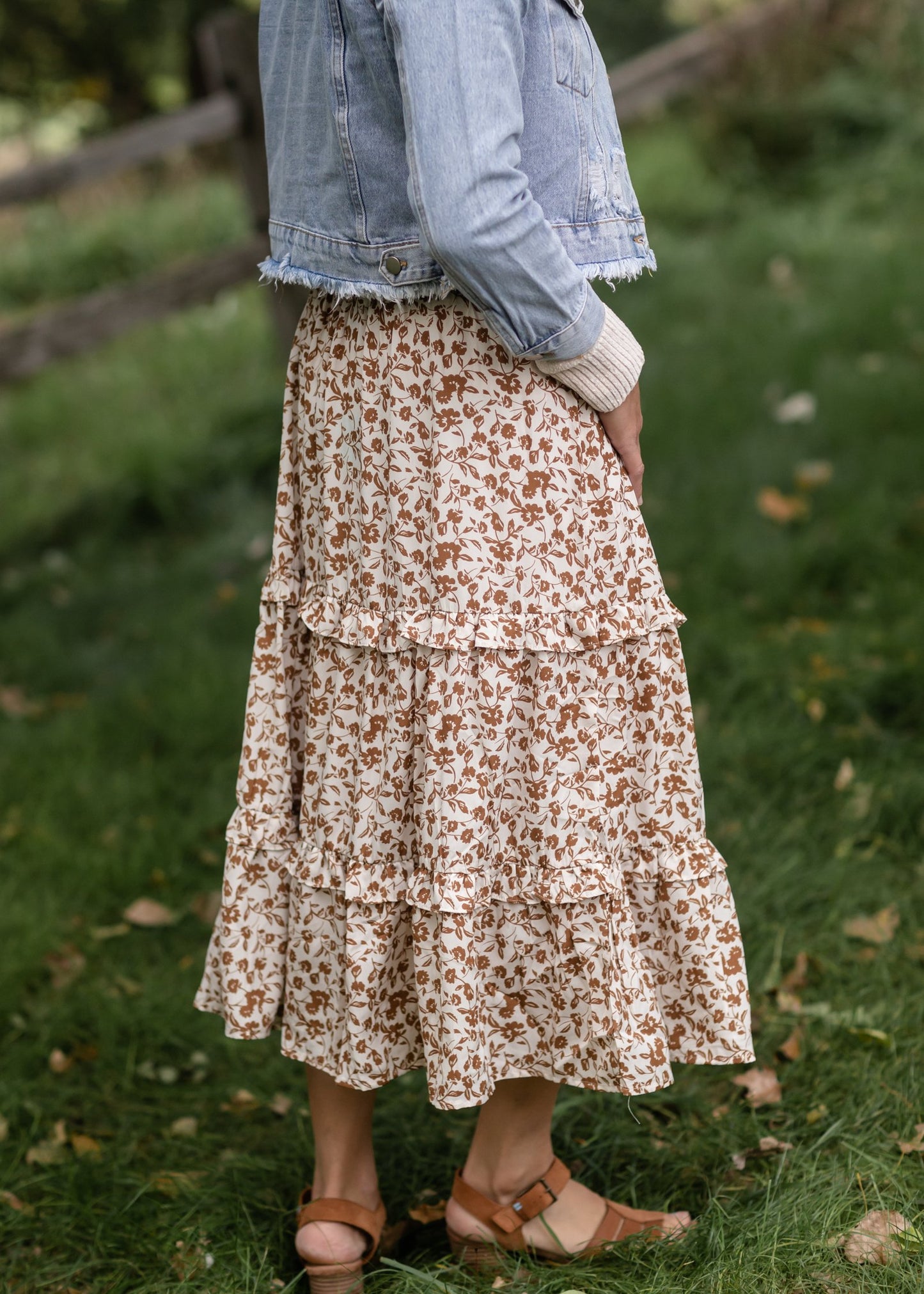 Camel Floral Ruffled Tiered Elastic Waist Midi Skirt Skirts Hayden Los Angeles