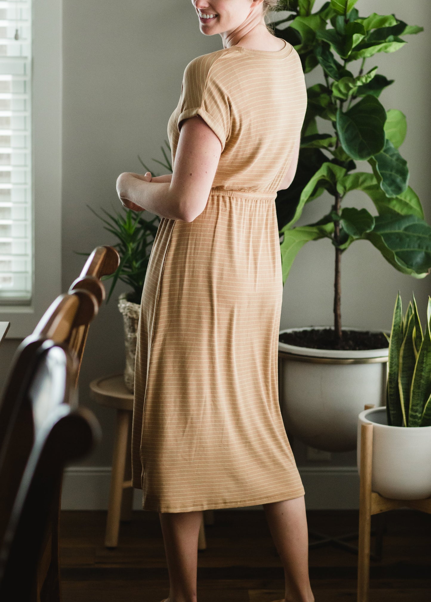 Camel Knit Striped Midi Dress Dresses