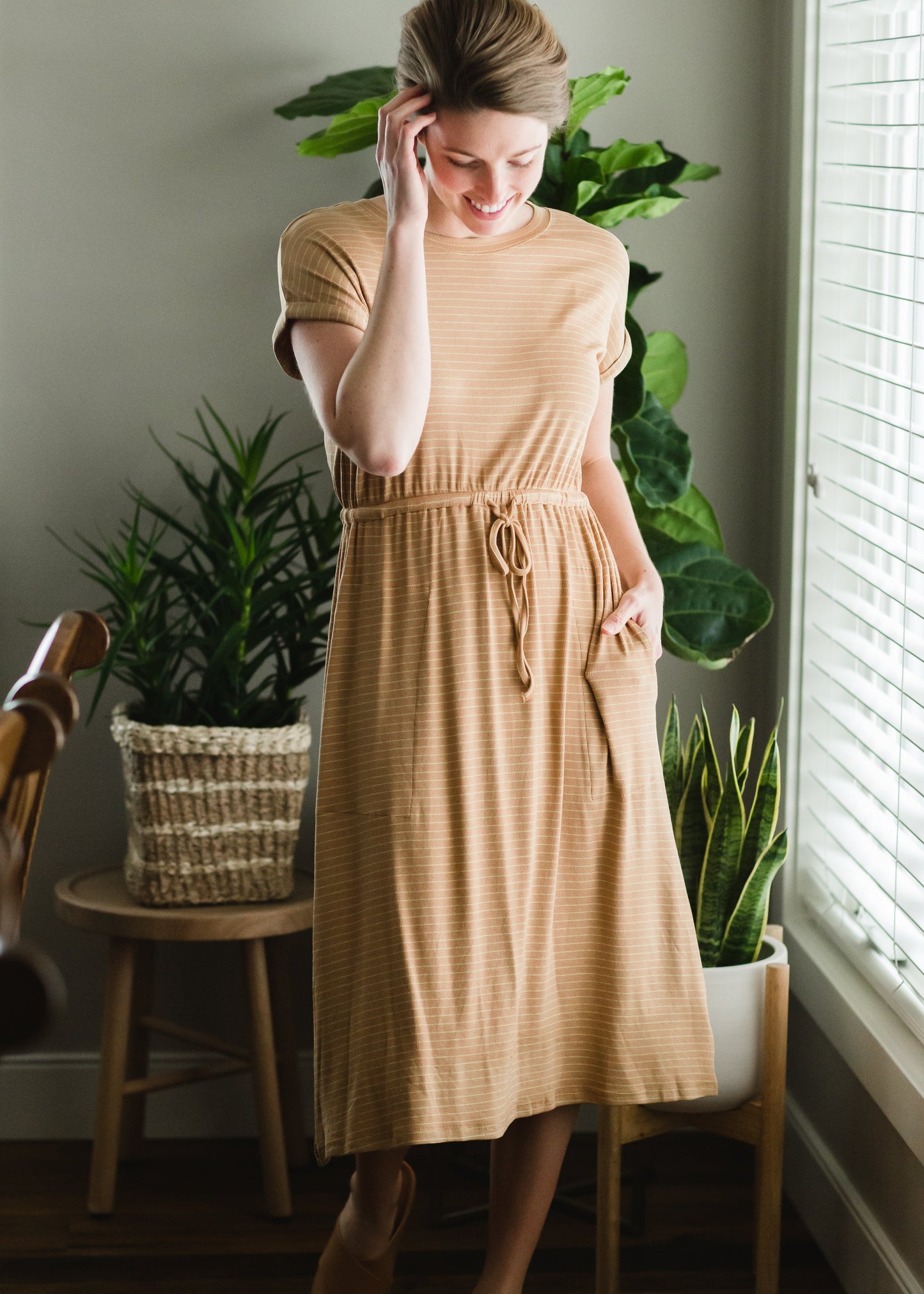 Camel Knit Striped Midi Dress Dresses