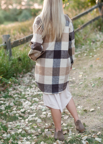 Camel Plaid Button Front Shacket Tops Polygram