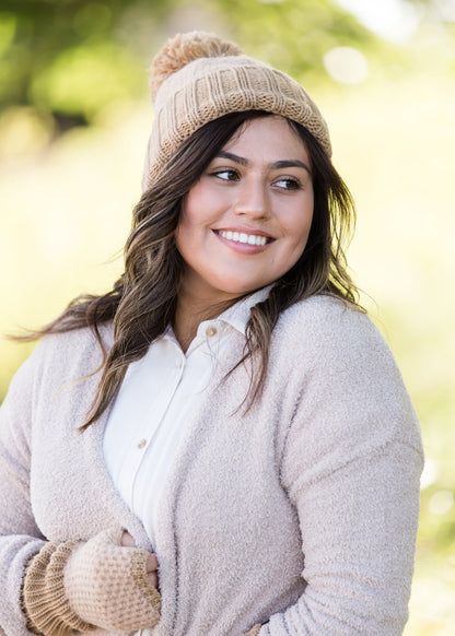 cashmere waffle knit hat and gloves in a taupe color