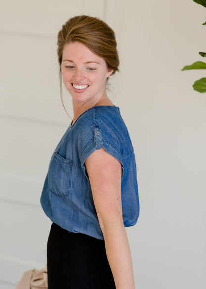 Chambray Button Back Pocket Top Tops