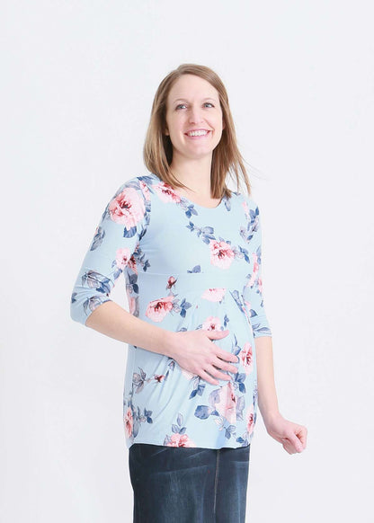 light blue and floral pleated maternity 3/4 sleeve top