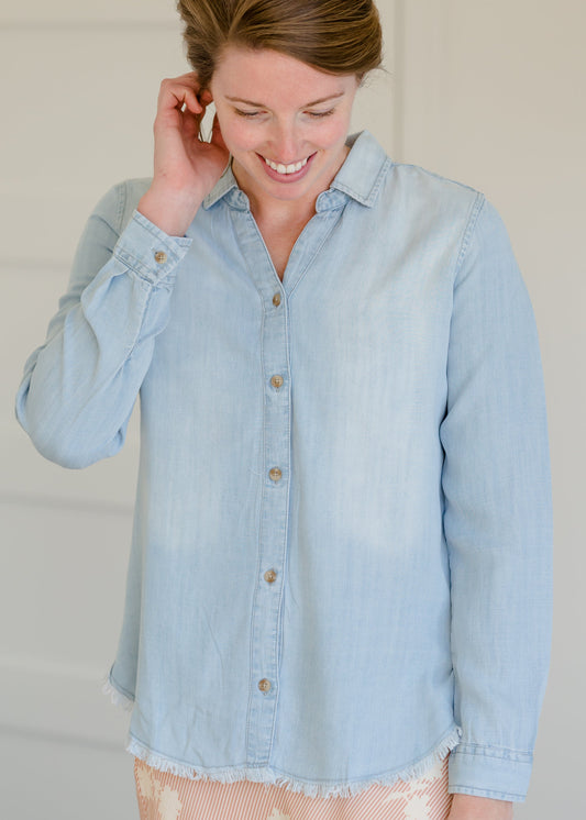 Chambray Fringe Hem Button Up Top - FINAL SALE Tops