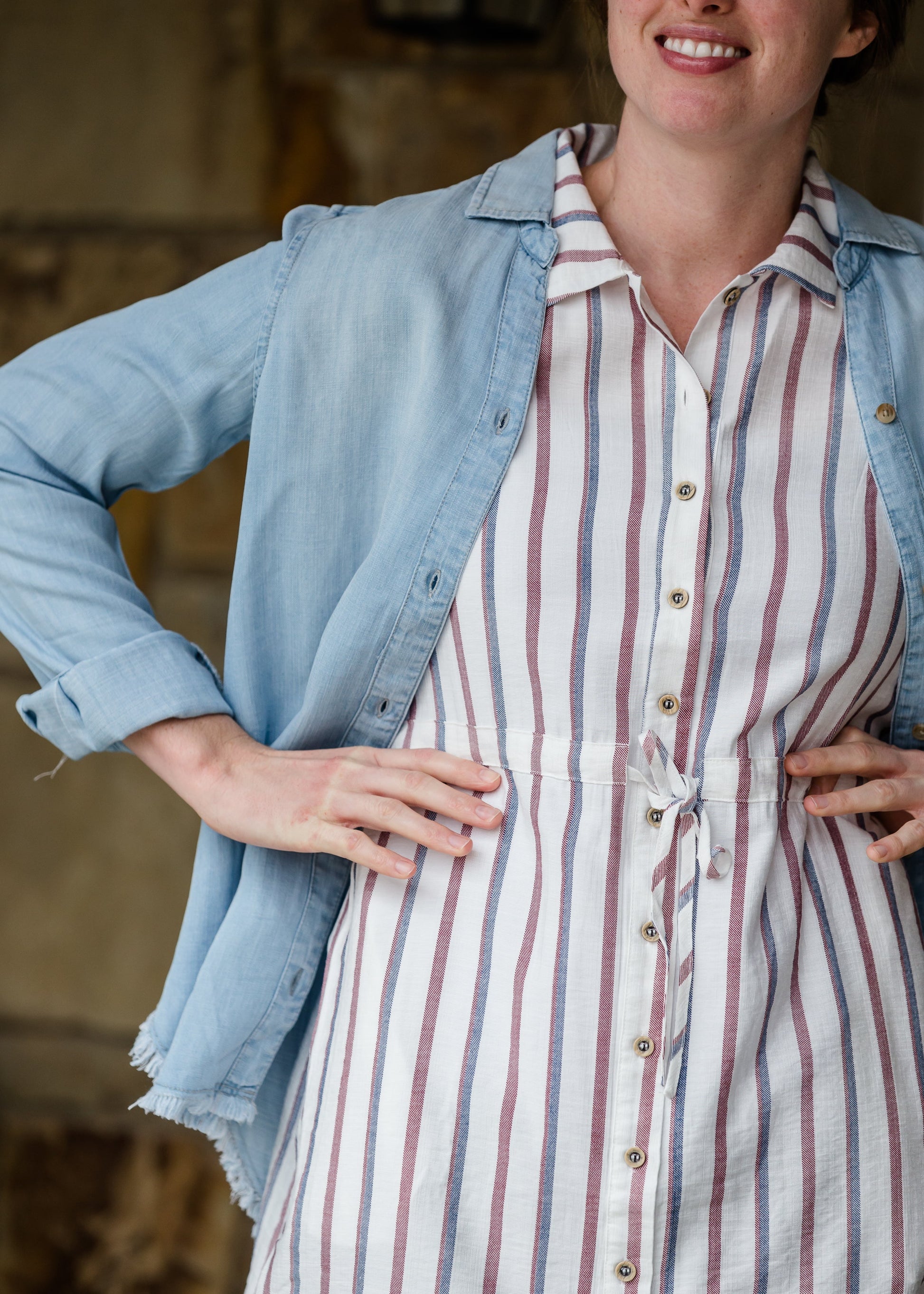 Chambray Fringe Hem Button Up Top - FINAL SALE Tops