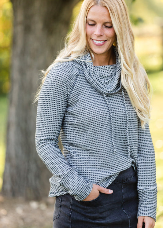 Charcoal Drawstring Waffle Knit Top Tops