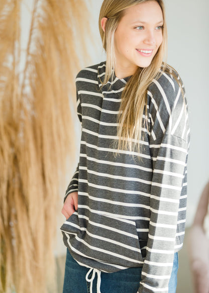 Charcoal Striped Pocket Hoodie Top