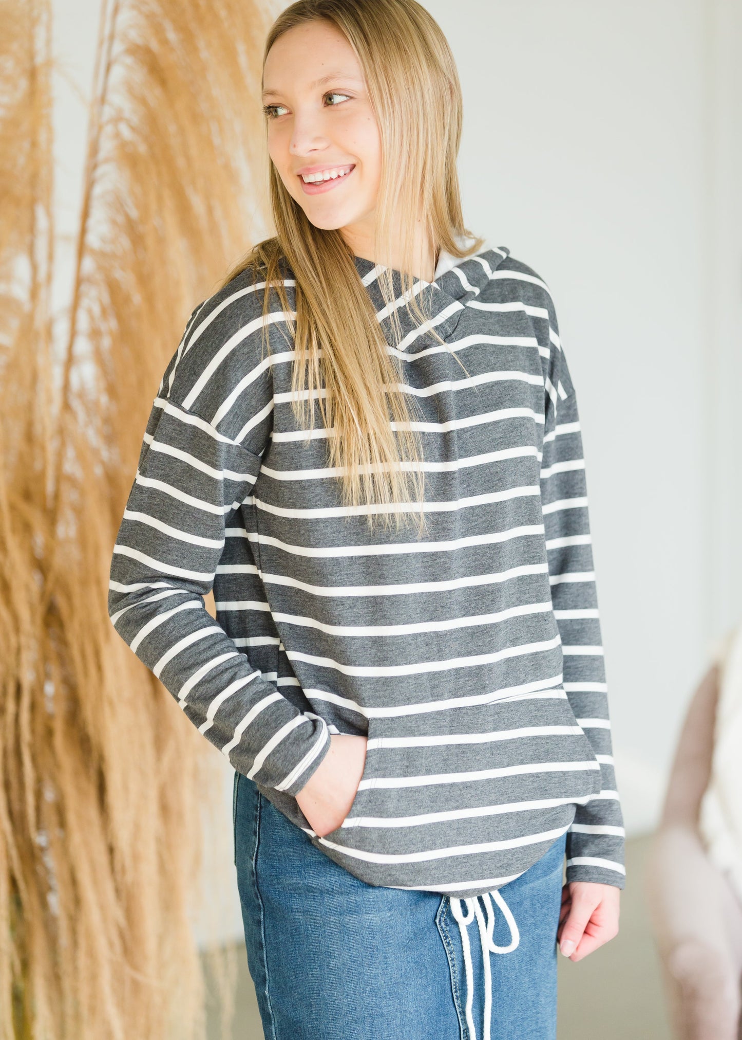 Charcoal Striped Pocket Hoodie Top