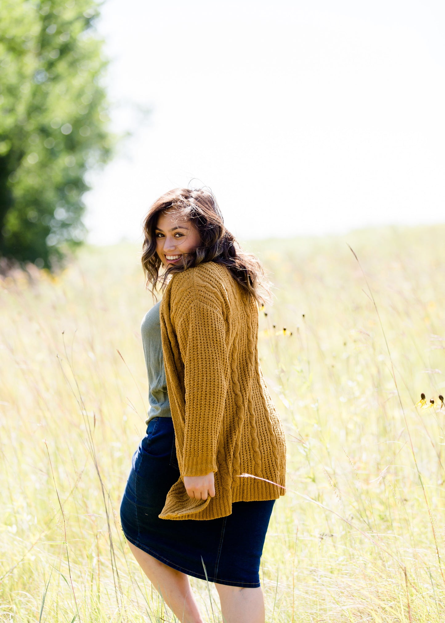 Mustard chenille cable knit oversized cardigan