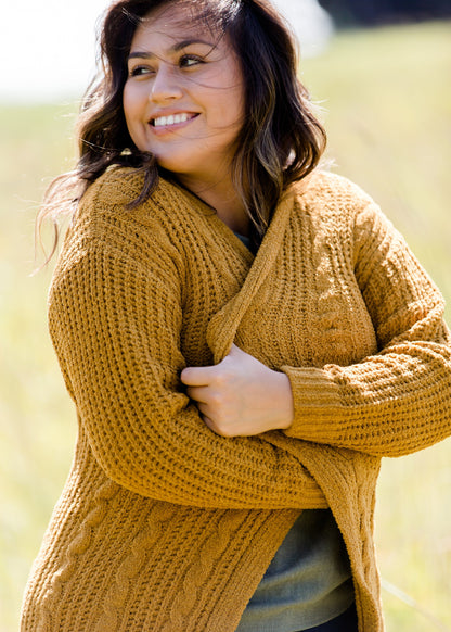 Mustard chenille cable knit oversized cardigan