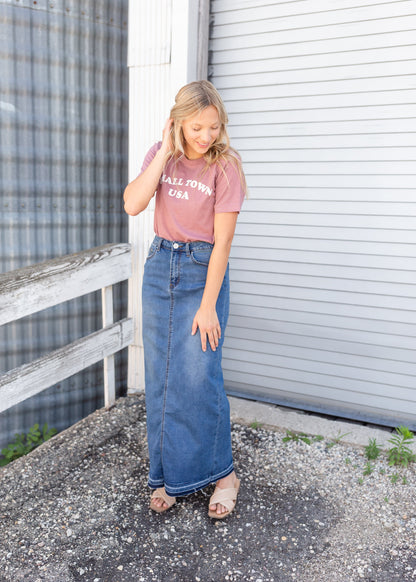 Cheyenne Distressed Raw Hem Long Denim Skirt Skirts