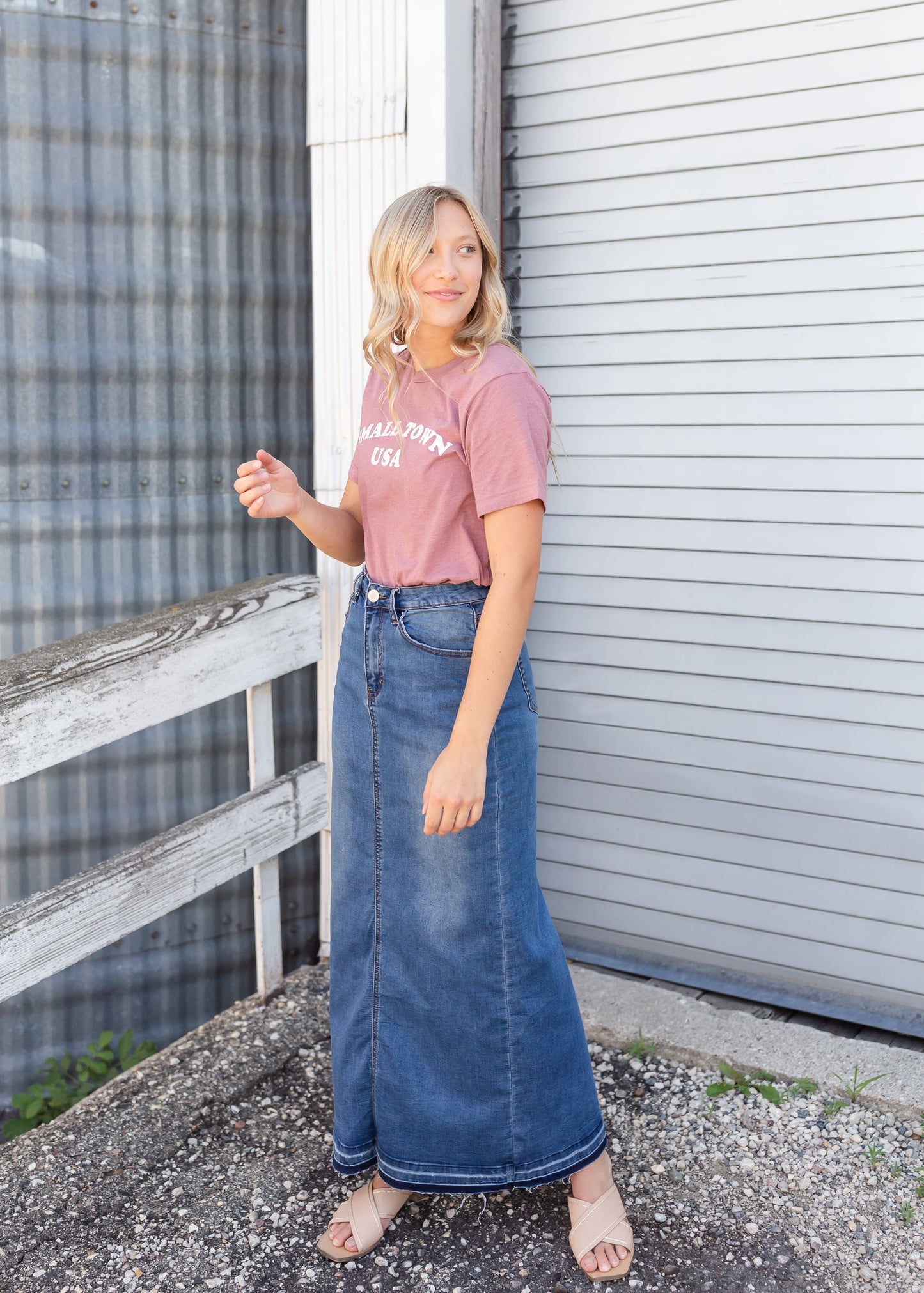 Cheyenne Distressed Raw Hem Long Denim Skirt Skirts