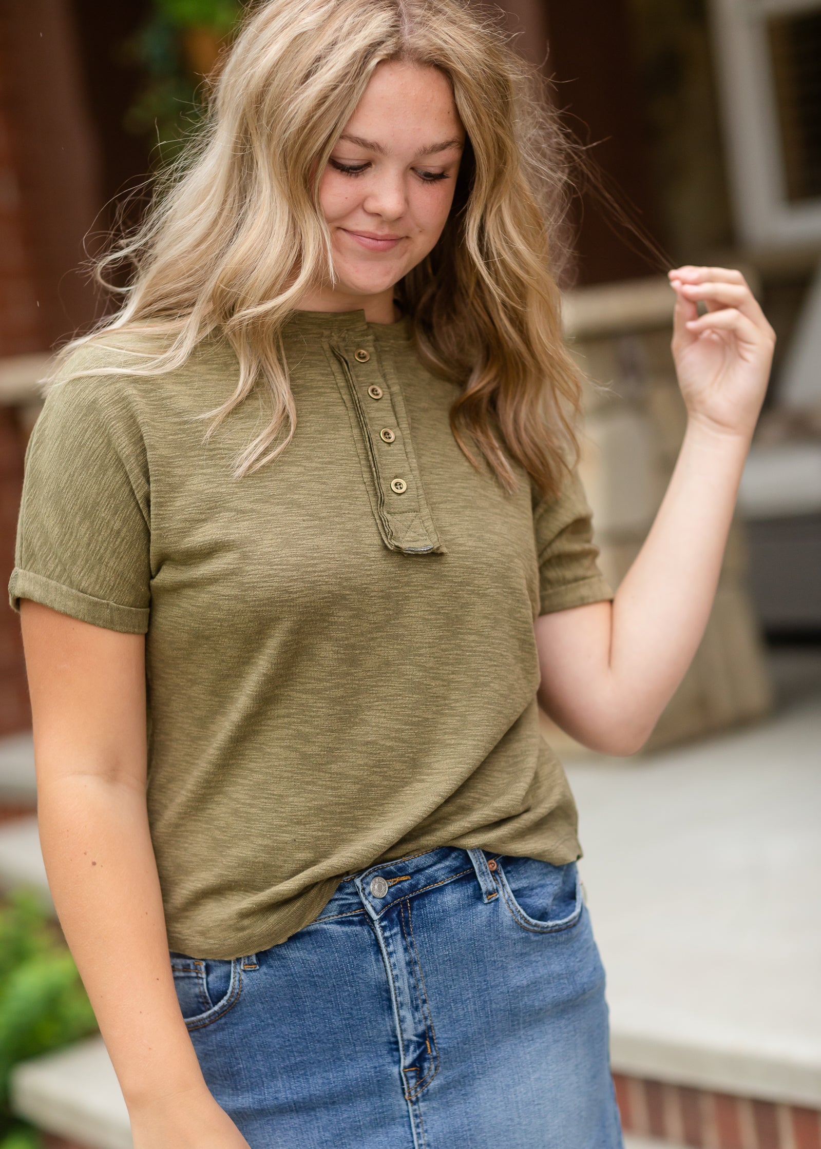 Classic Olive Rolled Button Up Tee - FINAL SALE Tops