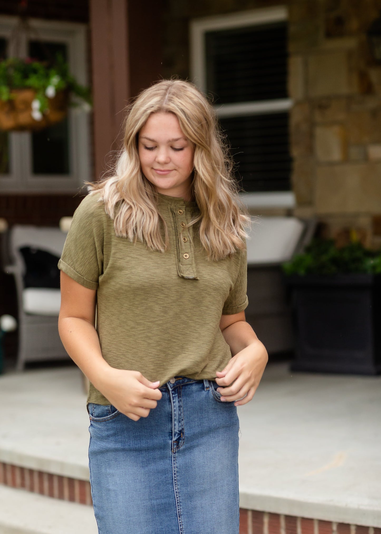 Classic Olive Rolled Button Up Tee - FINAL SALE Tops