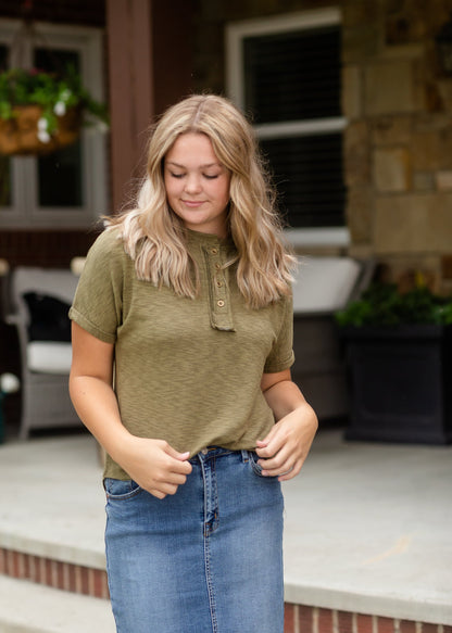 Classic Olive Rolled Button Up Tee - FINAL SALE Tops