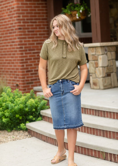 Classic Olive Rolled Button Up Tee - FINAL SALE Tops