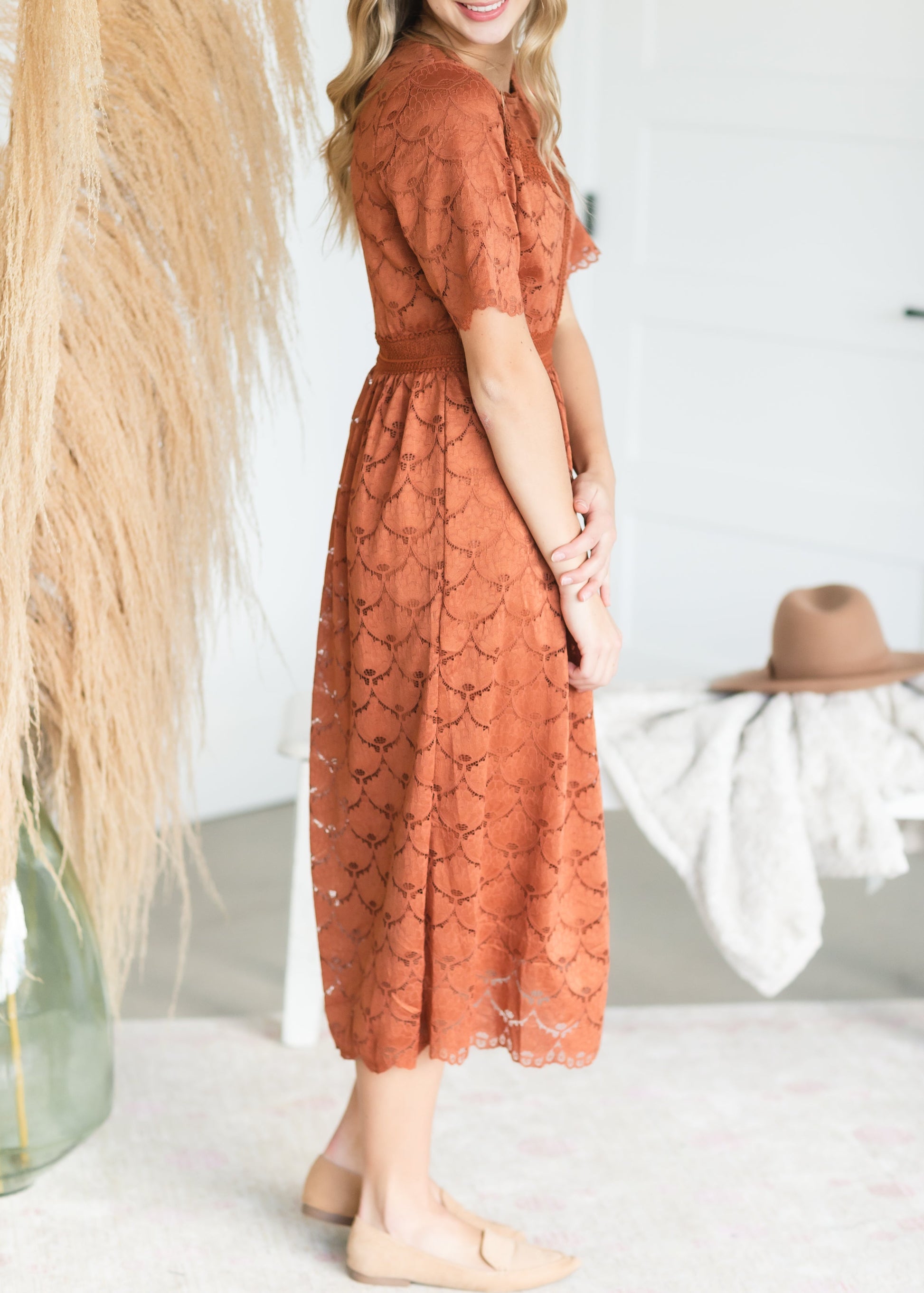 Cognac Scallop Lace Midi Dress - FINAL SALE Dresses