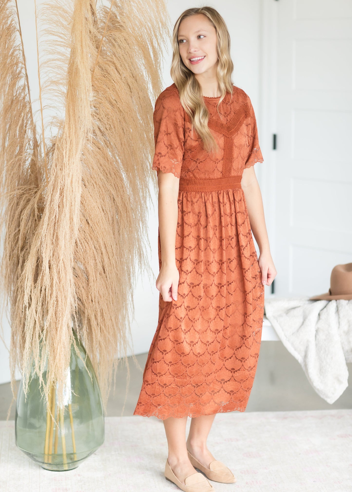 Cognac Scallop Lace Midi Dress - FINAL SALE Dresses