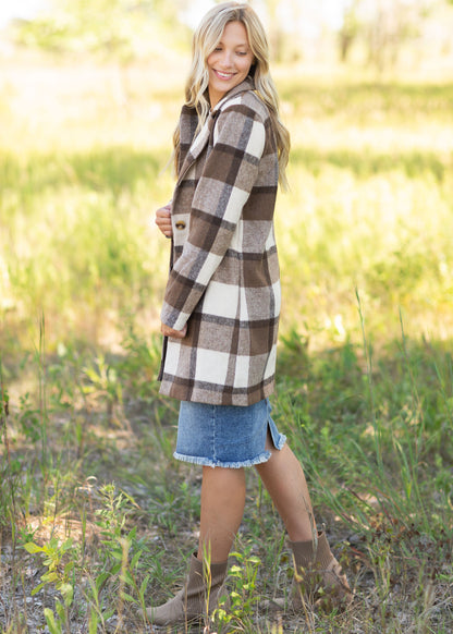 Collared Long Sleeve Plaid Coat Tops