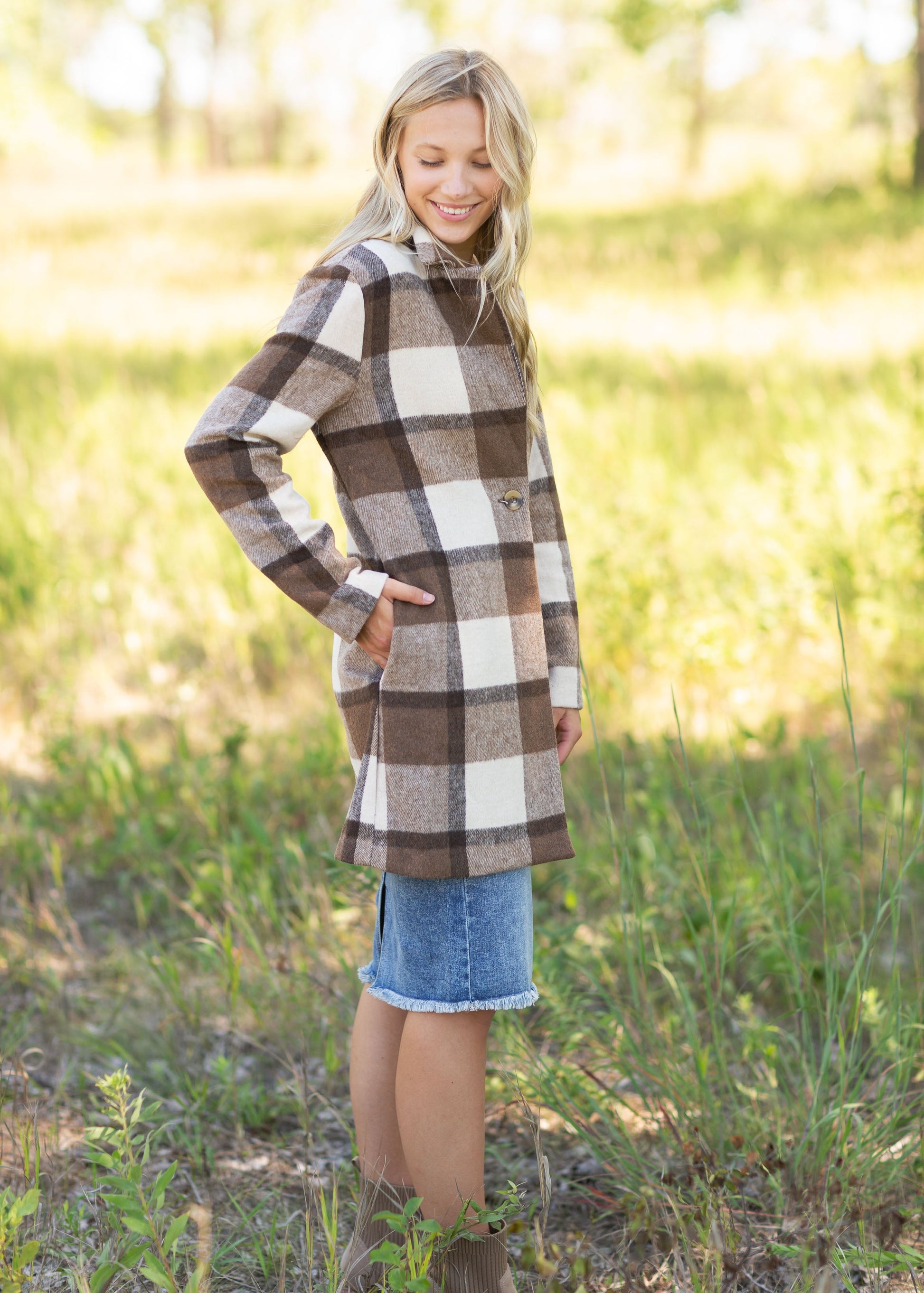 Collared Long Sleeve Plaid Coat Tops