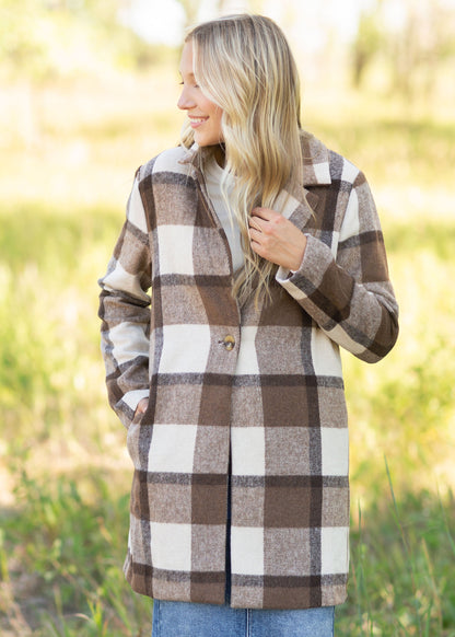 Collared Long Sleeve Plaid Coat Tops