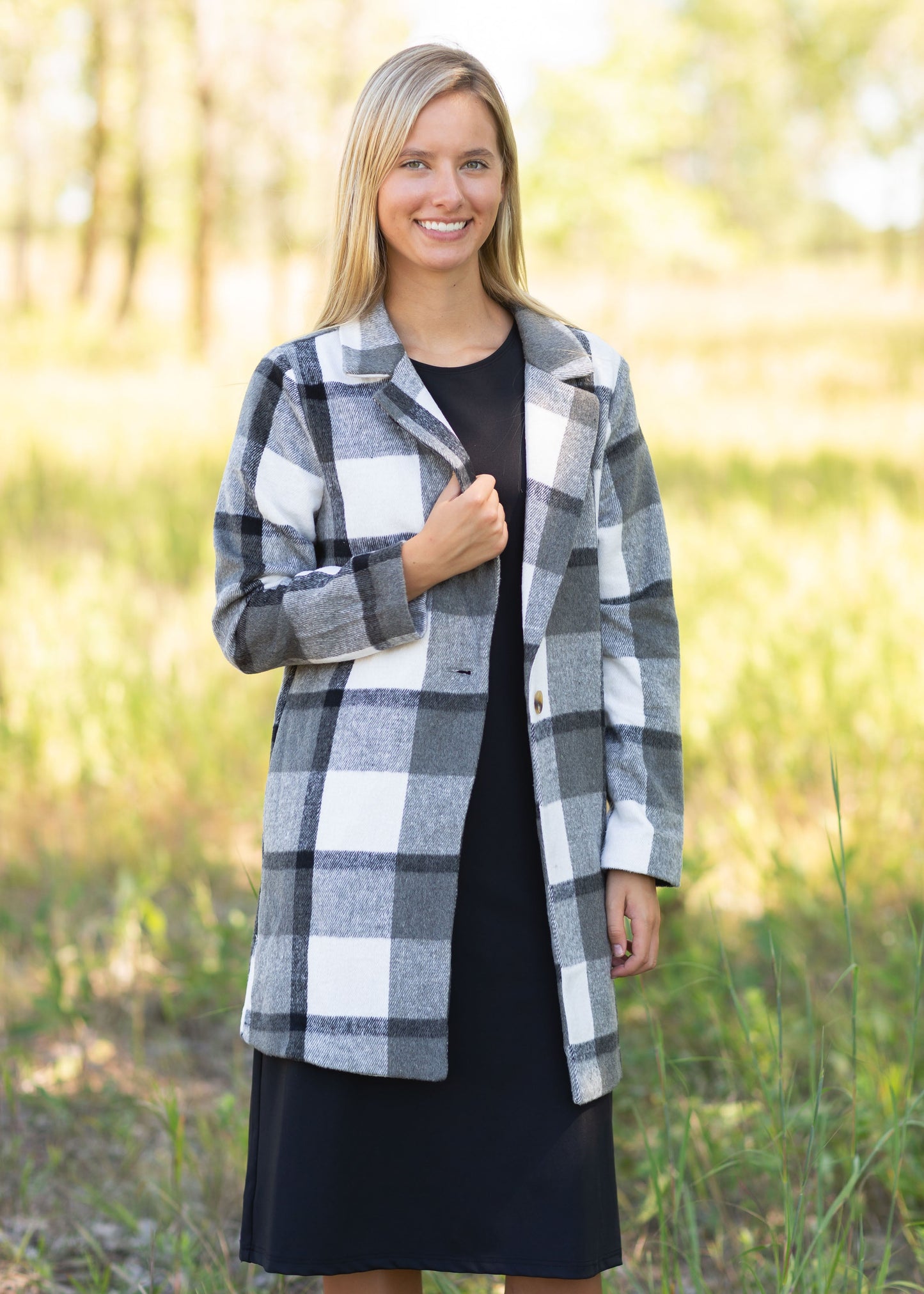 Collared Long Sleeve Plaid Coat Tops